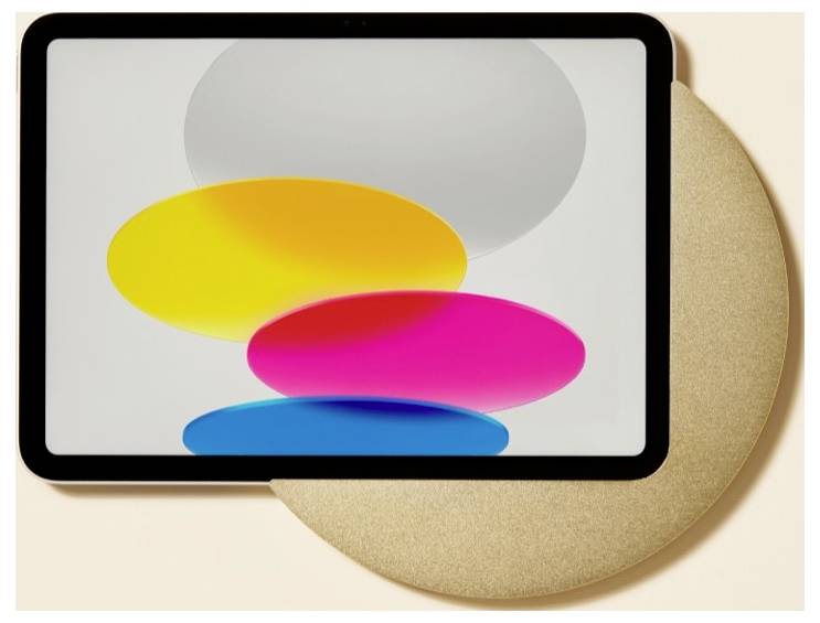 Tablet- oder Laptop-Bildschirm mit überlappenden farbigen Ovalen – grau, gelb, rosa und blau – auf beigem Hintergrund mit einer goldenen Kreisform dahinter.