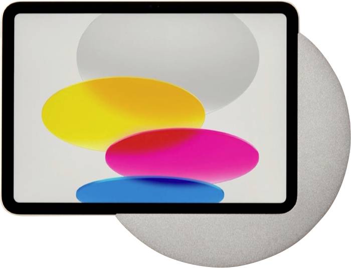 Stilisierte Tablet-Grafik mit überlappenden gelben, rosa und blauen Formen auf beigefarbenem Hintergrund, mit der Beschriftung 