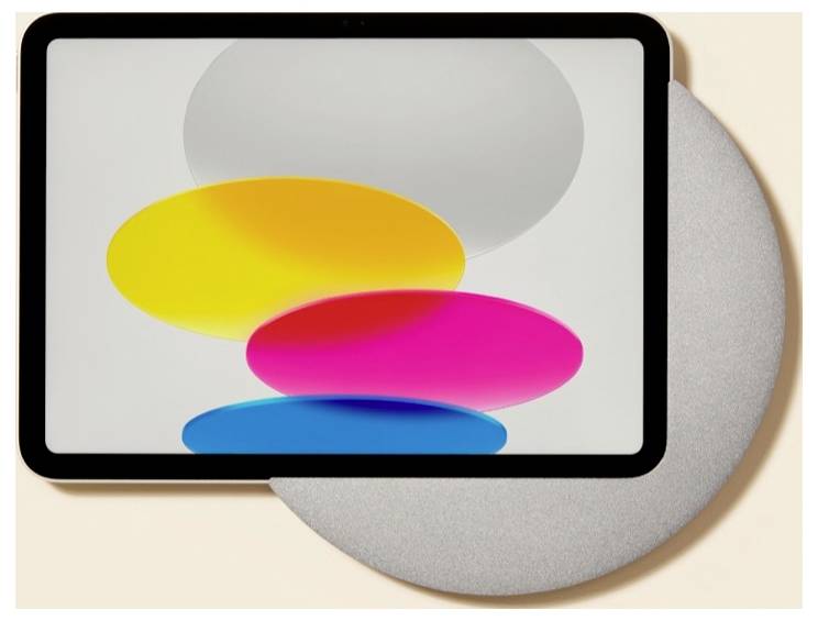 Tablet-Bildschirm mit sich überlappenden abstrakten farbigen Ovalen: Grau oben, Gelb links, Rosa in der Mitte und Blau unten.