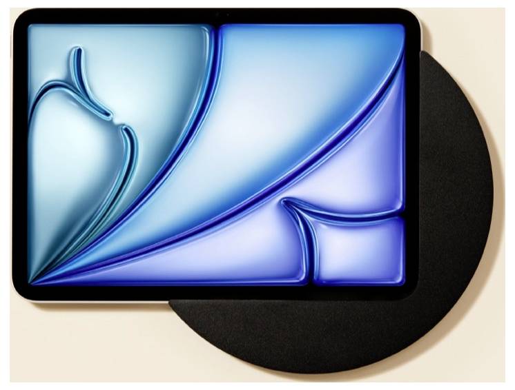 Abstrakte blau-cyan geometrische Kunstwerk auf einem schwarzen rechteckigen Feld, das einen großen schwarzen Kreis überlappt.