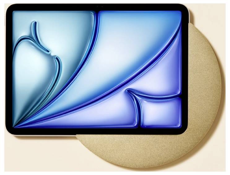 Abstrakte blau- und purpurfarbene digitale Kunstwerk auf einem tablet-ähnlichen Bildschirm, mit geschwungenen überlagerten Formen vor einem beigefarbenen kreisförmigen Hintergrund.