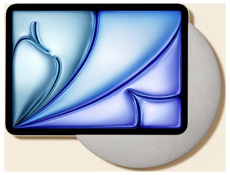 Abstraktes, blaues, glasähnliches geometrisches Design innerhalb eines schwarzen Rechtecks mit abgerundeten Ecken, das einen grauen Kreis auf beigefarbenem Hintergrund überlagert.