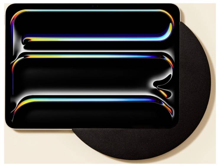 Abstraktes schwarzes abgerundetes Rechteck mit drei regenbogenleuchtenden horizontalen Bändern über einem großen dunklen Kreishintergrund auf beigem Hintergrund.