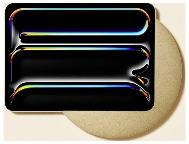 Abstrakte schwarze geschichtete Form mit schillernden Regenbogenkanten, die einen großen goldenen Kreis auf hellem Hintergrund überlappt.