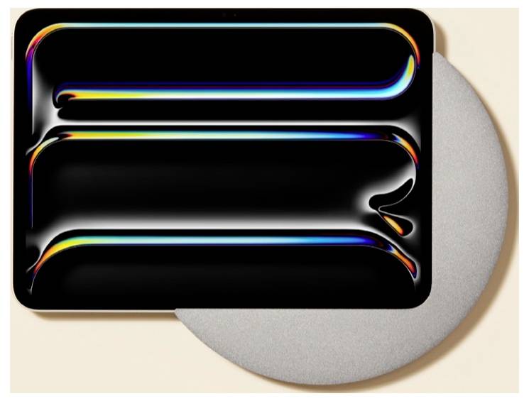Abstraktes schwarzes abgerundetes Rechteck mit drei neonfarben Regenbogen-Horizontalstreifen, die einen grauen Kreis auf beigefarbenem Hintergrund überlagern.