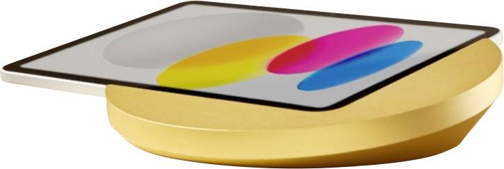 Ein stilisiertes Smartphone, das auf einem goldenen Podest liegt und farbenfrohe abstrakte Formen auf seinem Bildschirm anzeigt.
