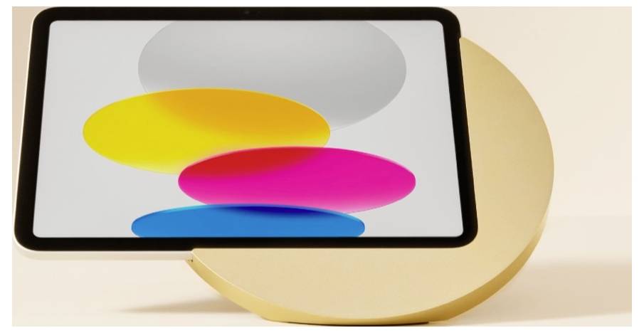 Tablet-Bildschirm mit sich überlappenden gelben, rosa und blauen ovalen Formen mit einer großen beigen Kreisform dahinter auf hellem Hintergrund.