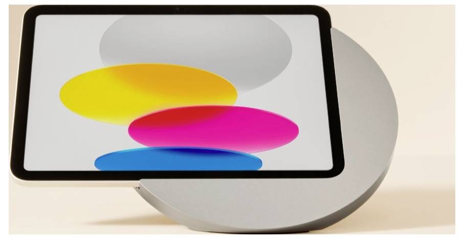 Ein Tablet-Bildschirm mit drei überlappenden Ovalen in Gelb, Rosa und Blau auf hellem Hintergrund, mit einem großen grauen Kreis dahinter.