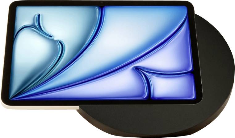 Smartphone-ähnliches Display auf einem drehbaren Ständer, das blaue abstrakte Grafiken zeigt, mit den Logos 