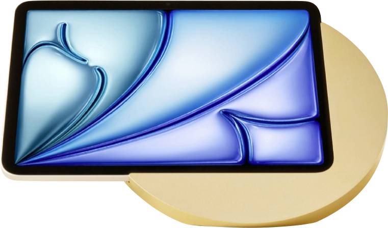 Tablet-Display mit blauem abstraktem Wellen-Hintergrundbild, beschriftet mit „reddot winner 2025