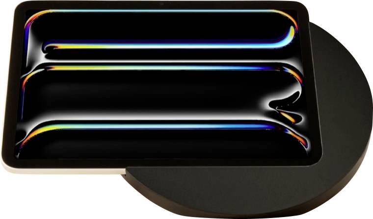 Ein elegantes schwarzes abstraktes Produkt mit Regenbogen-Highlights, gezeigt mit 'reddot winner 2025' und 'German Design Award Winner 2025' Logos darüber.