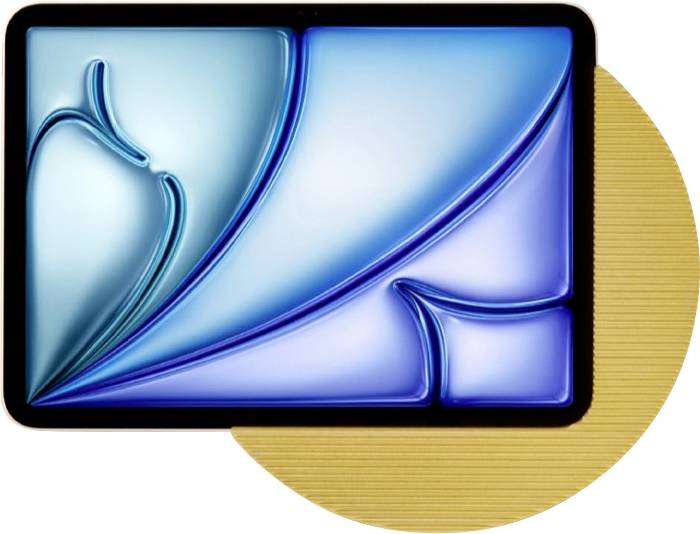 Abstrakter blauglasartiges abgerundetes Rechteck mit gekrümmten geschichteten Formen, das einen goldenen Kreis auf beigefarbenem Hintergrund überlappt.