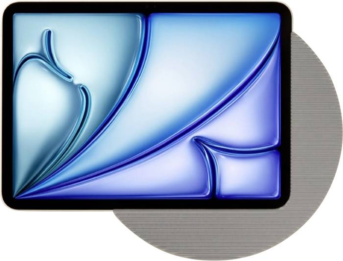 Stilisiertes blaues abstraktes App-Symbol auf einem schwarzen abgerundeten Rechteck-Bildschirm, zentriert über einem grauen kreisförmigen Schatten auf einem beigen Hintergrund.