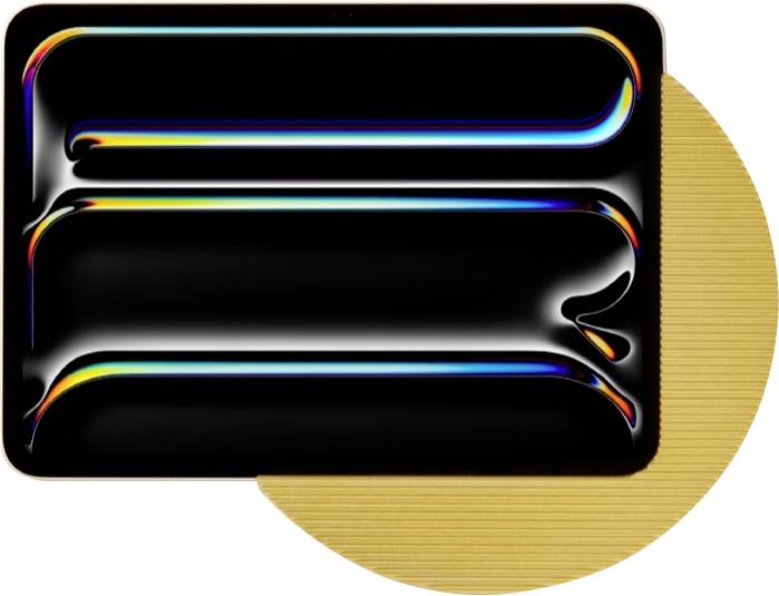 Symbol in abstraktem Schwarzem mit abgerundeten Ecken und Regenbogen-Neon-Kanten, das einen goldgestreiften Kreis auf beigem Hintergrund überlappt.