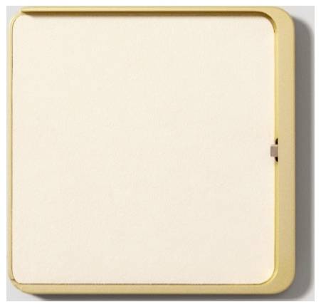Quadratische beigefarbene Wandplatte oder Lüftungsabdeckung mit goldenem Rahmen und kleiner Verriegelung auf der rechten Seite