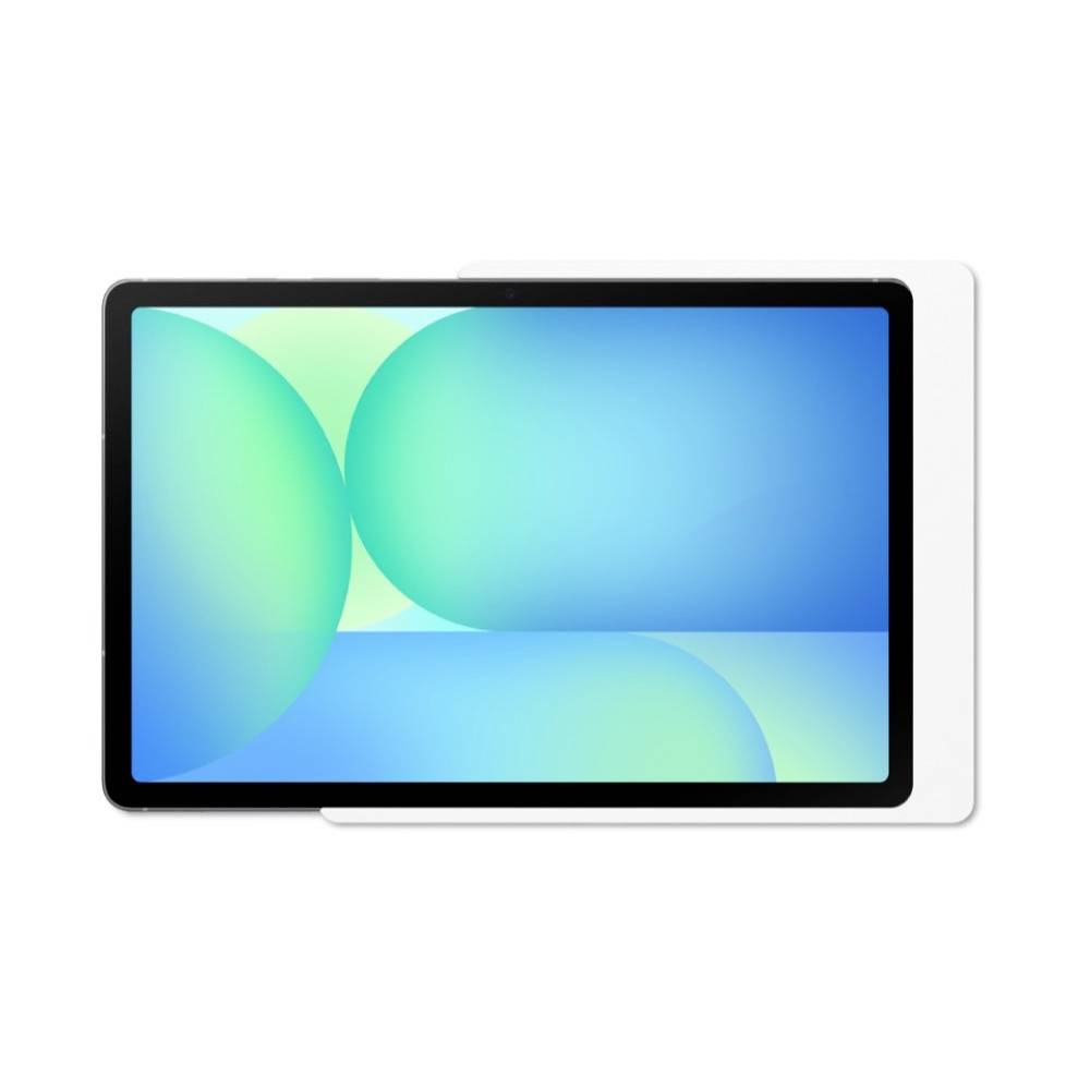 Ein Tablet mit einem blauen abstrakten Hintergrundbild, gezeigt in einem schwarzen Etui auf weißem Hintergrund.