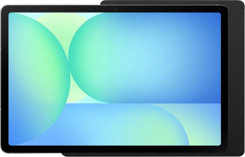 Schwarzes Tabletgerät mit blauem abstraktem Bildschirm auf weißem Hintergrund, leicht von vorne fotografiert mit einem zweiten Tablet dahinter.