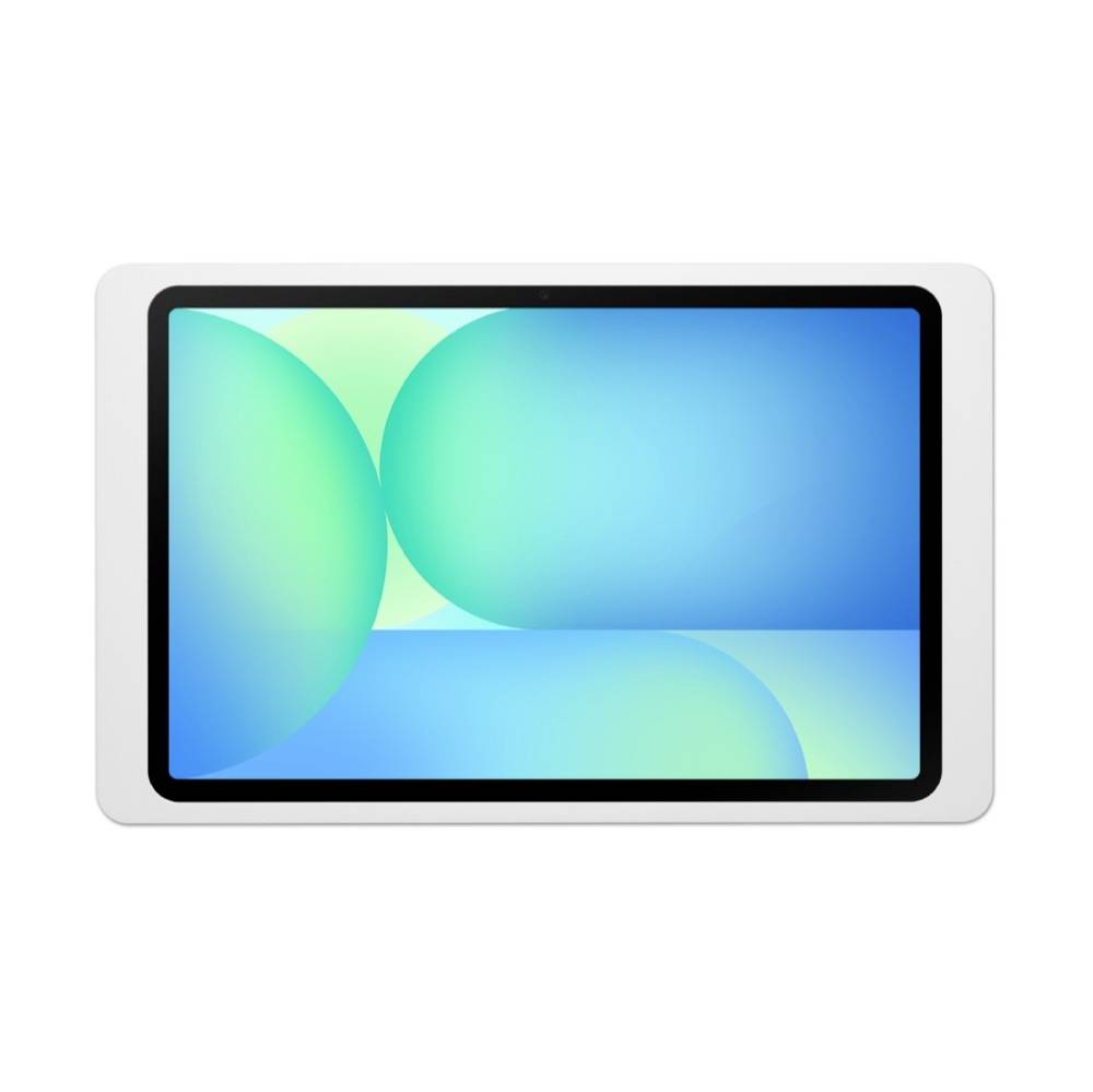 Ein Tablet-Gerät mit einem blaugrünen abstrakten Bildschirm, auf dem sich überlappende abgerundete Formen darstellen.
