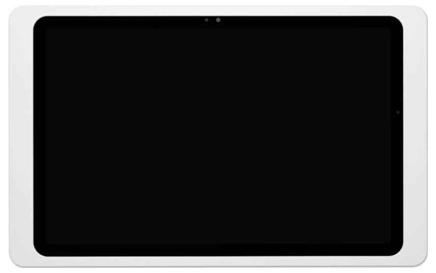 Ein Tablet oder Display mit schwarzem Bildschirm in einer silbernen Blende, von vorne gezeigt und ausgeschaltet.