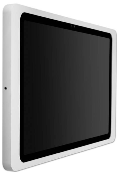 Ein weißes Tablet-Gerät, das in einem Winkel angezeigt wird, mit einem leeren schwarzen Bildschirm auf weißem Hintergrund.