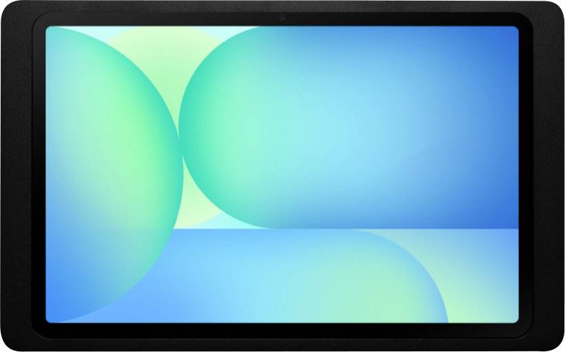 Ein schwarzes Tablet mit einem blauen und grünen abstrakten Bildschirm, das auf weißem Hintergrund angezeigt wird.
