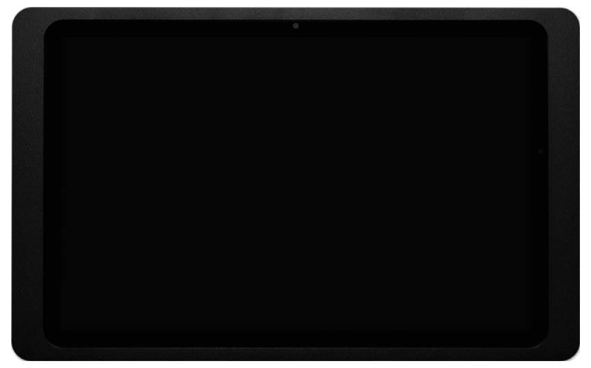 Schwarzes Tablet-Gerät mit leerem Bildschirm auf weißem Hintergrund.
