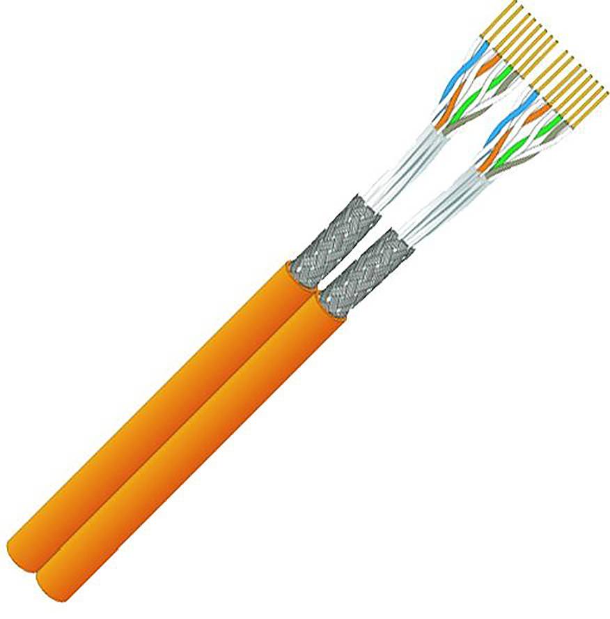 Zwei orangefarbene Kabel mit freiliegenden verdrillten Kupferdrahtpaaren und grauer Abschirmung, aufgeschnitten dargestellt, um die innere Verkabelung zu zeigen.