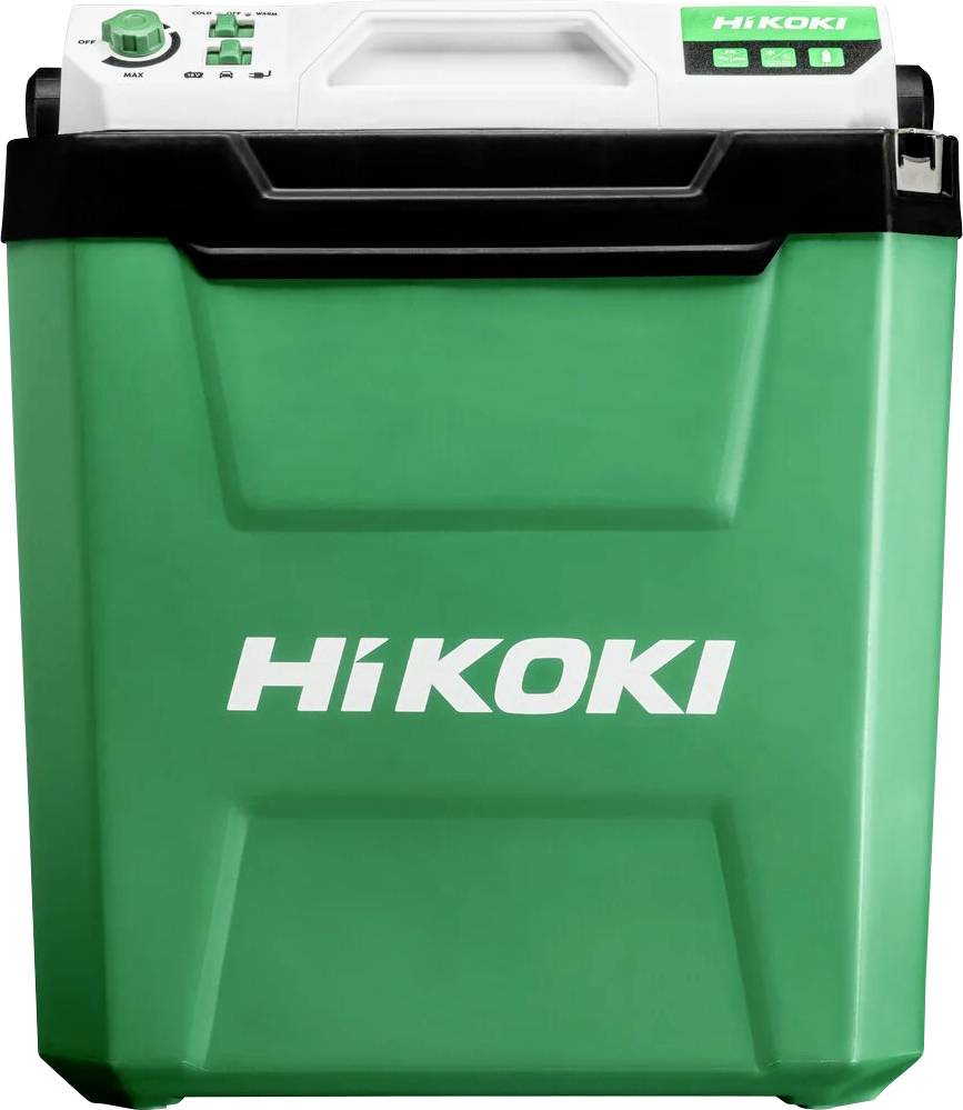 Grüne tragbare HiKOKI-Kühlbox oder Aufbewahrungsbox mit schwarzem Deckel und weißem Tragegriff auf neutralem Hintergrund.