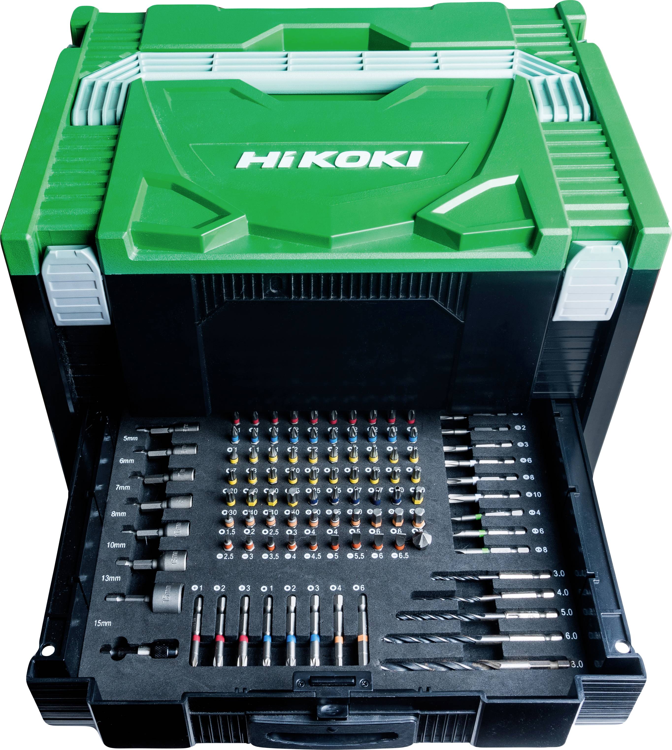 Offener grüner Hikoki-Werkzeugkoffer mit organisierten Bohrern und Bits in einem geformten Tablett.