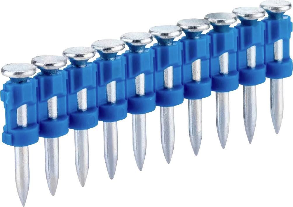 Streifen von sortierten Rahmennägeln in blauen Kunststoffhaltern, die für Nagelschussgeräte verwendet werden, diagonal auf weißem Hintergrund dargestellt.