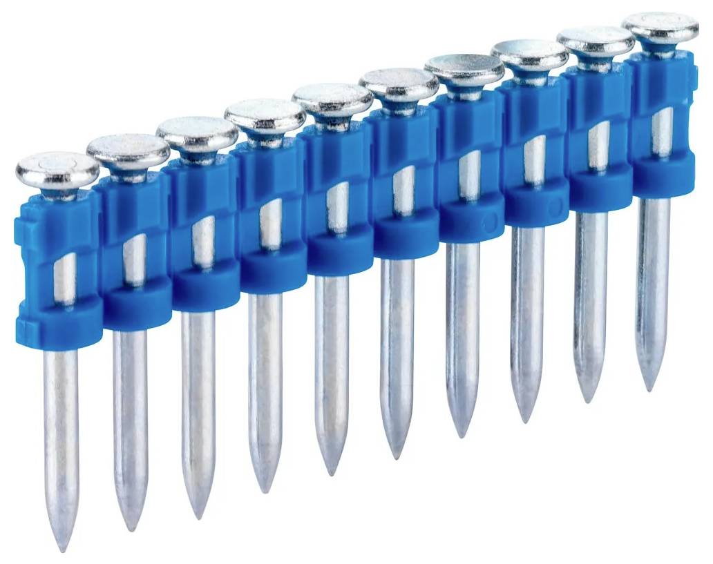 Strip of blue collated nail gun nails aligned in a row on a white background.