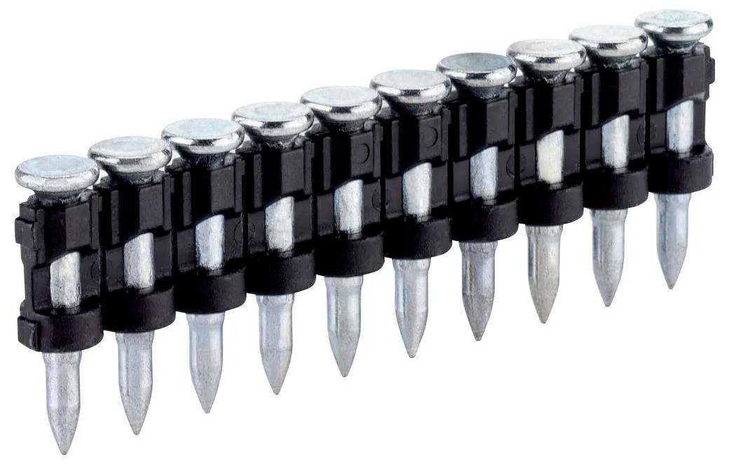 A strip of collated metal nails for a nail gun, arranged in a curved line on a white background.