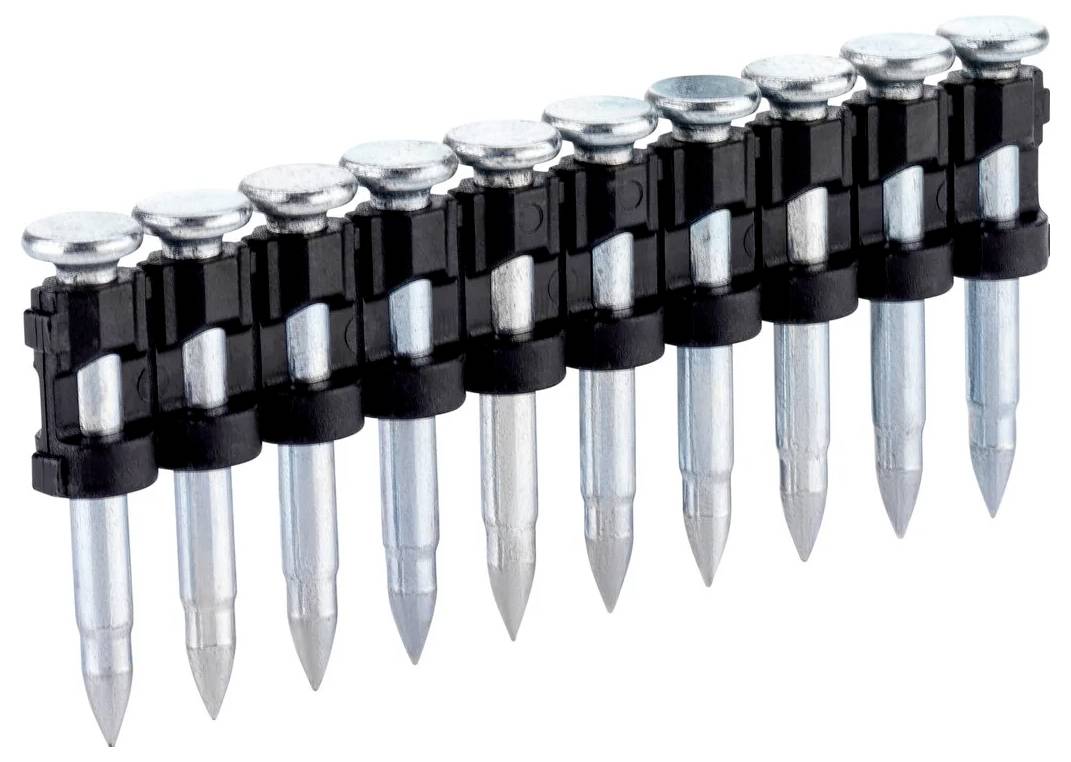 Row of ten collated staples for a stapler, shown diagonally on a white background.