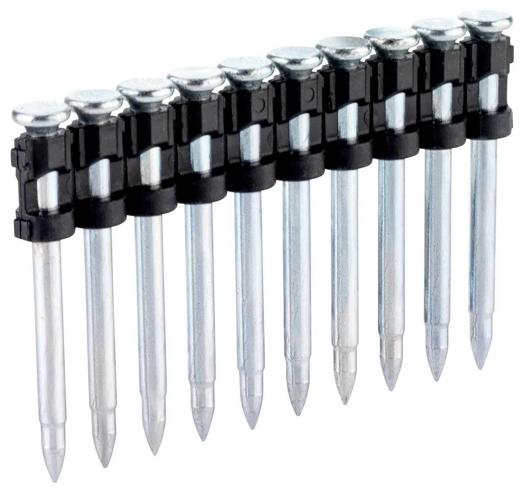 Ten metal roofing nails linked in a strip, arranged diagonally on a white background.