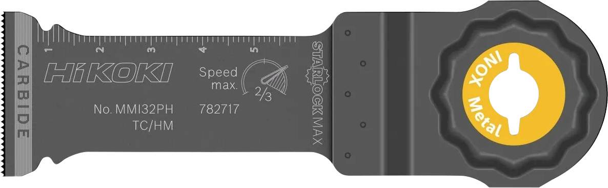 Hikoki Multi-Werkzeugklinge mit Hartmetallkante, Bezeichnung Nr. MMI32PH TC/HM, mit maximaler Geschwindigkeit 2/3 und Indikator für maximale Nicht-Schnellwechsel auf einer schwarzen Werkzeugbefestigung.