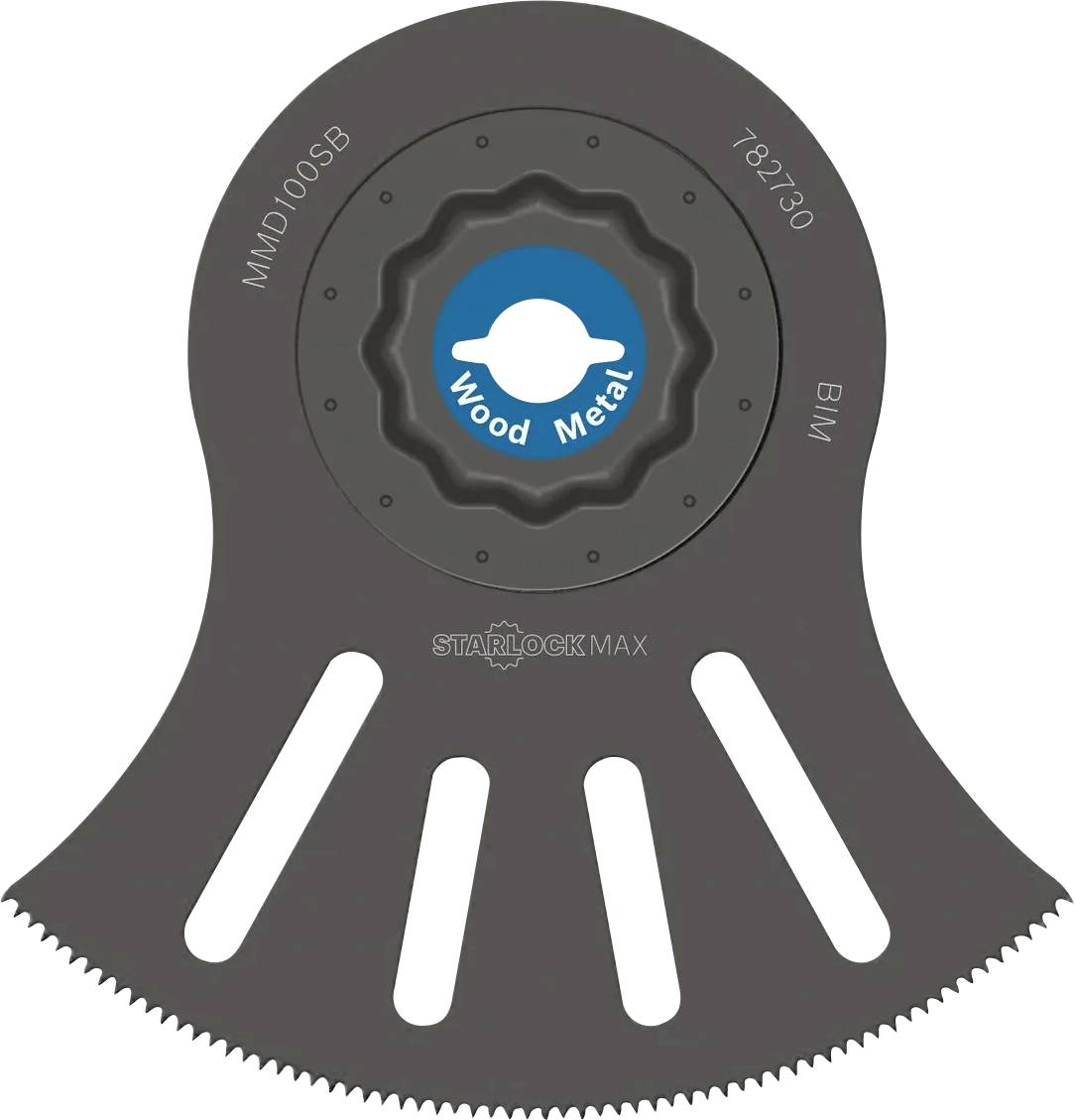 Multitool-Oszillationssägeblatt für Holz und Metall, mit gekrümmter gezahnter Schneidkante und geschlitztem Körper, beschriftet mit STARLOCK MAX.