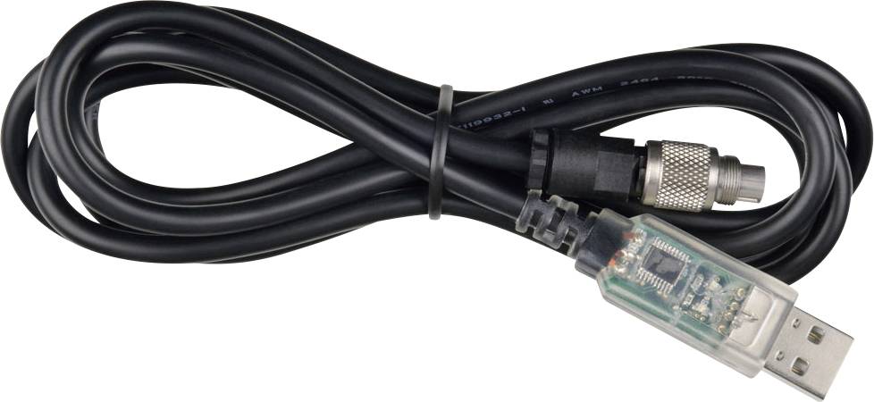 USB-Seriell-Adapterkabel mit USB-A-Stecker und Gewindestecker für Seriellverbindung, aufgerollt und zusammengebunden.