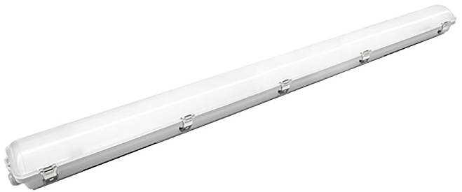 Lange weiße Leuchtstoffleuchte mit Metallklammern, diagonal auf einem schlichten weißen Hintergrund dargestellt.