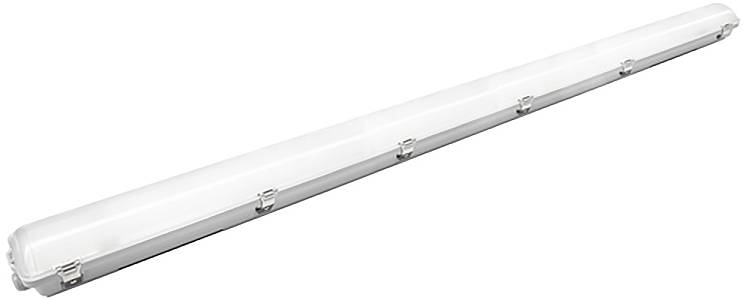Lange weiße Leuchtstoffleuchte mit transparentem Abdeckung und Metallklammern, diagonal auf einfachem Hintergrund dargestellt.