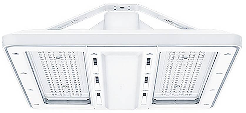 Weiße LED-Deckenleuchte mit dualen Paneelen, fotografiert von unten vor weißem Hintergrund.