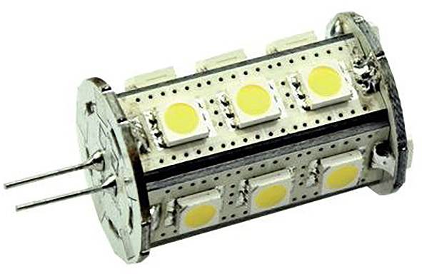 Zylindrische LED-Lampe mit mehreren gelben LED-Chips auf weißem Hintergrund, gezeigt mit zwei Metall-Steckkontakten.