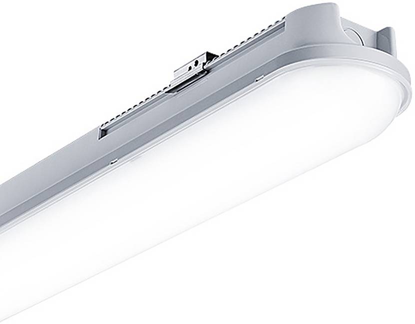 Nahaufnahme einer schlanken weißen LED-Deckenleuchte mit dünnem silbernem Gehäuse auf weißem Hintergrund.