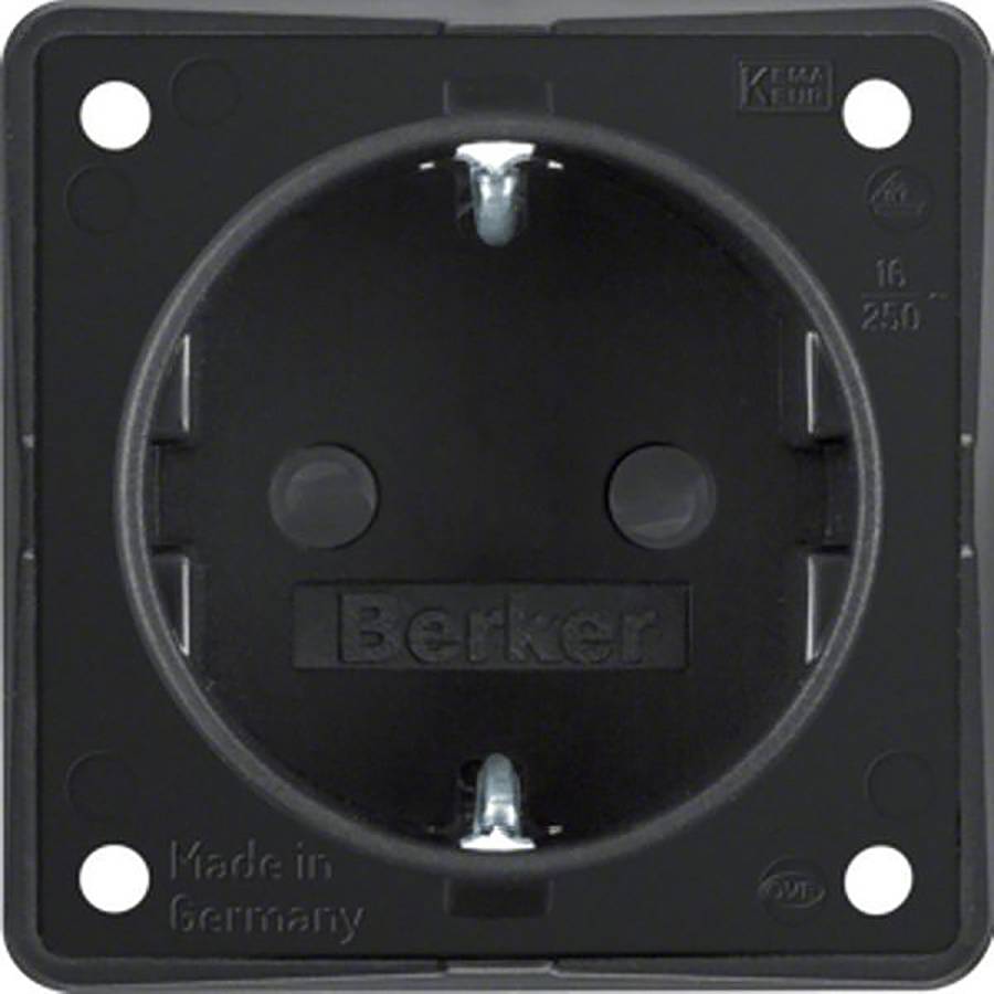 Schwarze elektrische Steckdosenblechdeckel mit rundem Steckereinsatz und vier Befestigungslöchern.