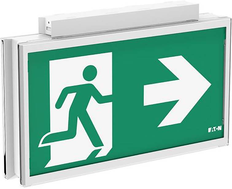 Grünes Notausgangsschild mit laufender Person und nach rechts zeigendem Pfeil, der die Evakuierungsroute anzeigt.
