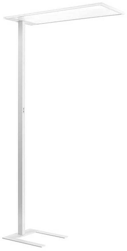 Minimalistische weiße Stehleuchte mit hohem aufrechtem Schaft und flacher rechteckiger Abdeckung sowie Basis, isoliert auf neutralem Hintergrund dargestellt.