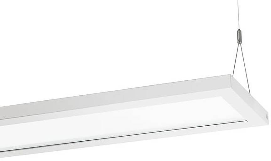 Modernes weißes rechteckiges hängendes LED-Leuchten-Einbauelement, das durch Kabel aufgehängt ist.