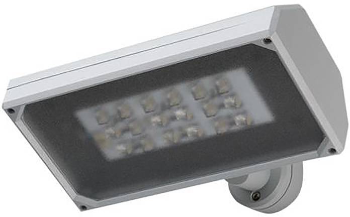 Outdoor-Sicherheitsflutlicht mit rechteckigem LED-Panel in einem grauen Metallgehäuse, montiert auf einer verstellbaren Wandhalterung.
