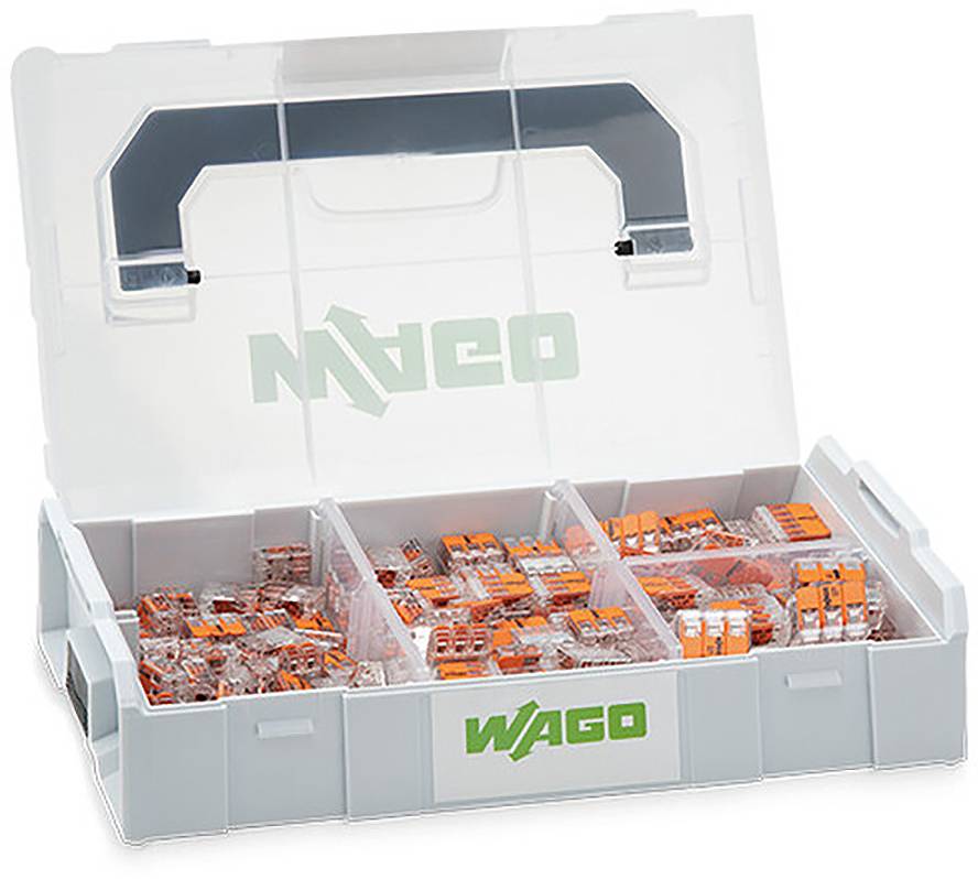 Offener Kunststoff-Organizer mit WAGO-Logo, der sortierte orange und transparente elektrische Steckverbinder in unterteilten Fächern enthält.
