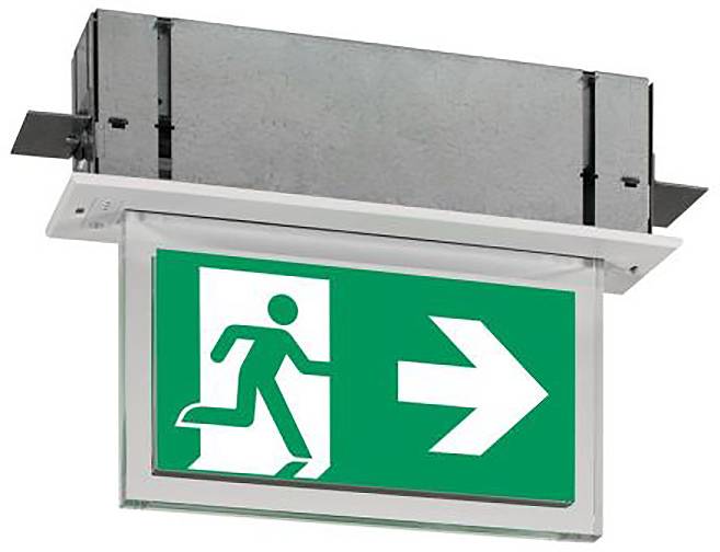 Beleuchtetes Notausgangsschild mit laufender Person und nach rechts zeigendem Pfeil, an der Decke montiert.