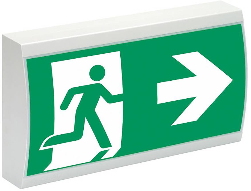 Beleuchtetes grünes Notausgangsschild mit Symbol einer laufenden Person und nach rechts zeigendem Pfeil, das den Weg zu einem Ausgang anzeigt.